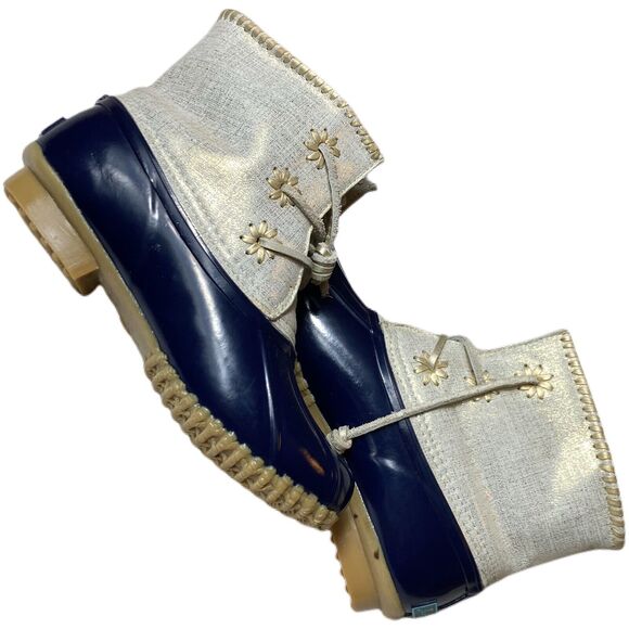 Jack Rogers Chloe Duck Boots Women 6 Blue White/Gold Waterproof Rain Snow Preppy - Picture 1 of 12